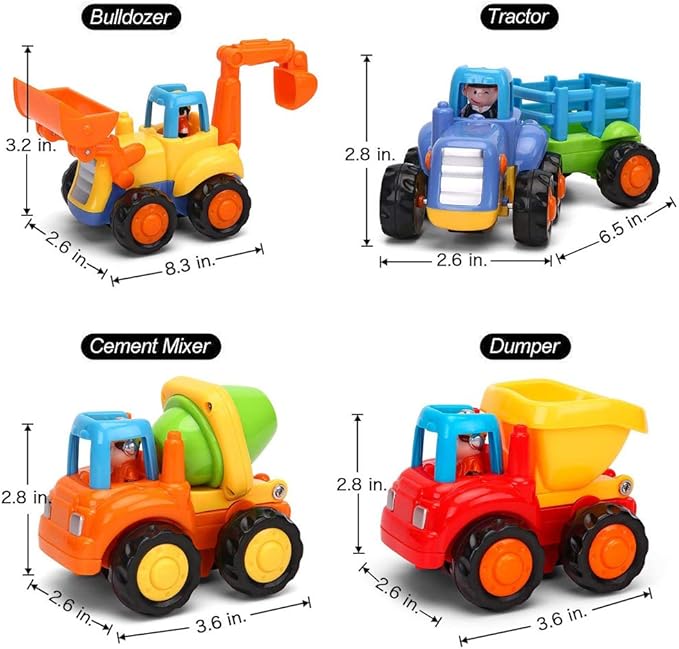Push and Go Friction Powered Cars Construction Vehicles Toy Set Tractor Bulldozer Mixer Truck Dumper for 1 2 3 Year Old Baby Toddlers Boys Gifts