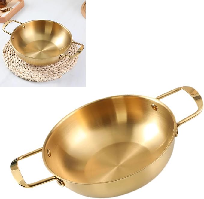 Korean Ramen Cooking Pot with Double Handle, Stainless Steel Noodle Pot, Convenient Cooking Pot for Soup Small Hot Pot, 20cm/7.9in, Golden Color, with Lid