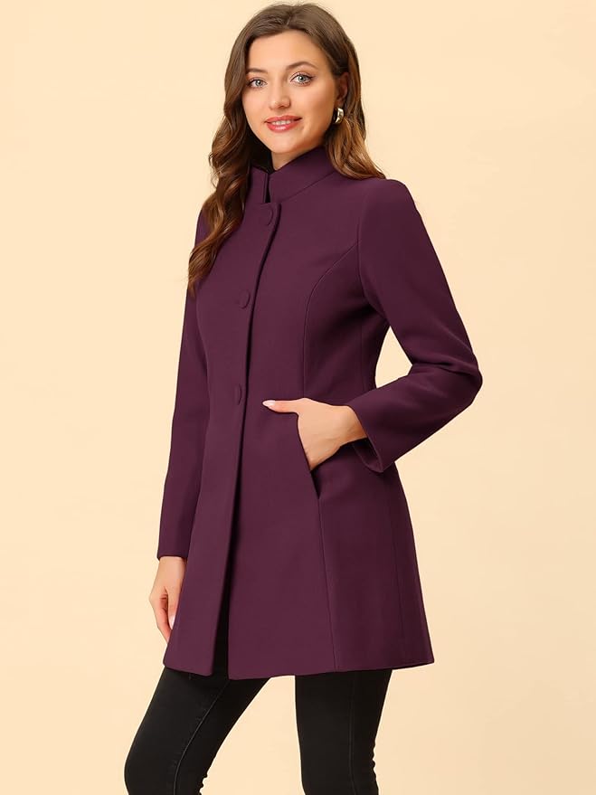 Allegra K Women's Winter Overcoat Mid-Long Stand Collar Single Breasted Coat Outerwear