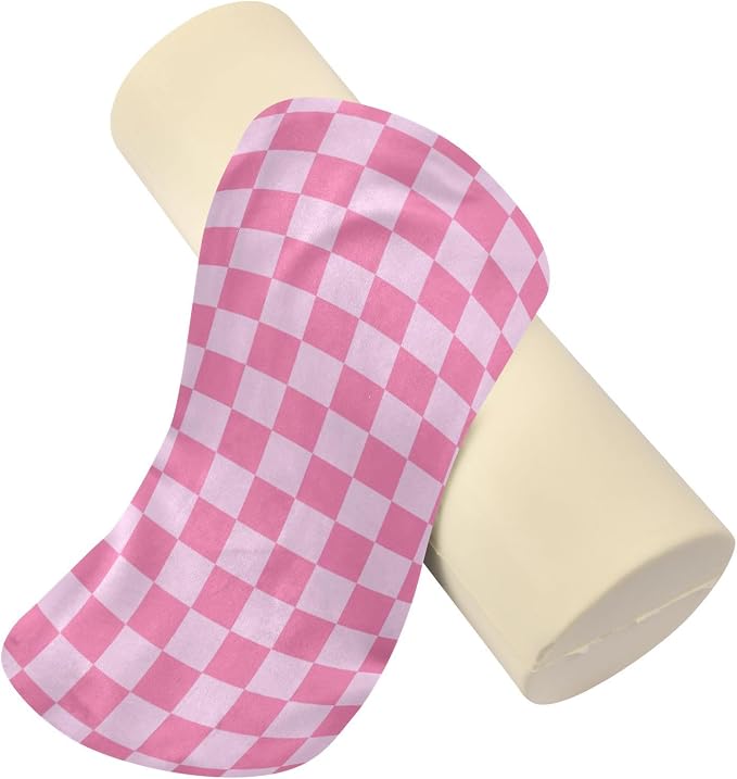 Checkered Pink Neck Roll Pillow Bolster Round Health Memory Foam Long Cervical Cylinder Pillows with Removable Washable Cover for Body Bed Legs Back Yoga