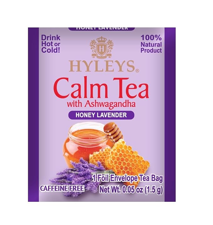 HYLEYS Calm Tea with Ashwagandha, Lavender and Honey, 150 Individually Wrapped Tea Bags (6 Pack of 25) - Caffeine Free Sleep Tea - Gluten Free Vegan & Plant Based