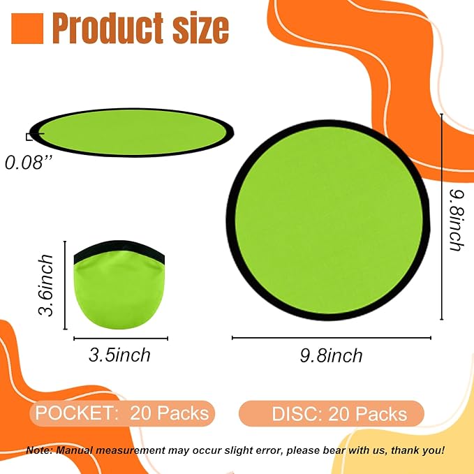 20PCS Foldable Flying Disc Fans with Bags, 9.8'' DIY Handheld Black Egde Fabric Folding Fan for Outdoor Game Activities Birthday Party Favors Gifts, Light Green