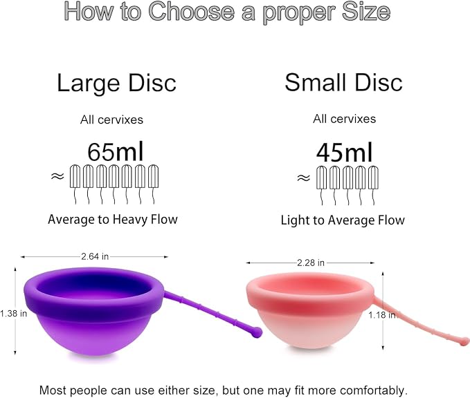 Reusable Menstrual Disc, Ultra-Soft Medical-Grade Silicone Period Disc for Women Wear 12 Hours 2 Size for Light & Heavy Flow Removal String (Purple+Pink, L+S)