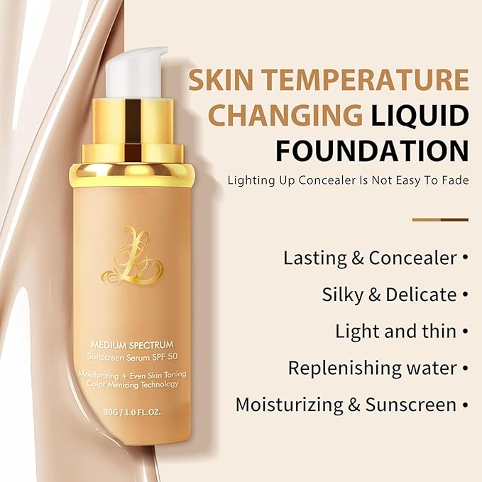 Foundation 4 In 1 Liquid Foundation, Long Lasting Waterproof, Spf 50+,& Longwearing & Waterproof, Hydrating Color Changing Foundation Light Spectrum for Gym, Sport (1pc)