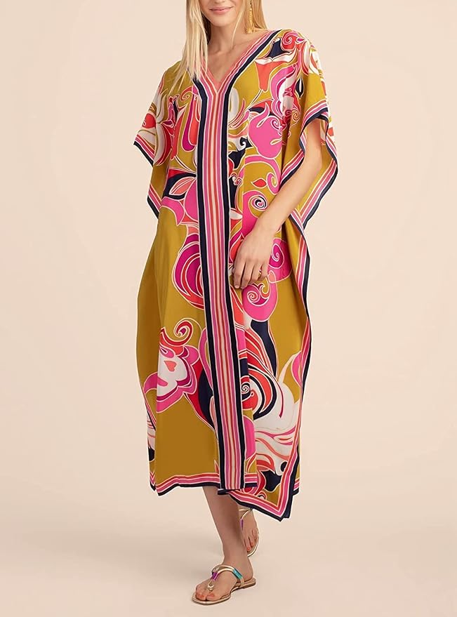 Venasha Womens Caftan Floral Print Kaftan Dress Short Sleeve Swimsuit Cover up Loungewear for Summer