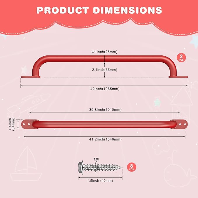 Dolibest 42 Inch Metal Safety Handles, Playground Ladder Handle, Long Grab Handles for Kids Playhouse, Treehouse, Rock Climbing Wall, Swing Set Accessories, Indoor & Outdoor Use (2PCS)-Red