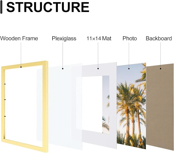 Vittanly 12x16 Picture Frames Set of 9 for Wall Mounting, Gold | Display Pictures 11x14 with Mat or 12x16 without Mat, Engineered Wood with Shatter Resistant Plexiglass, Gallery Photo Frames