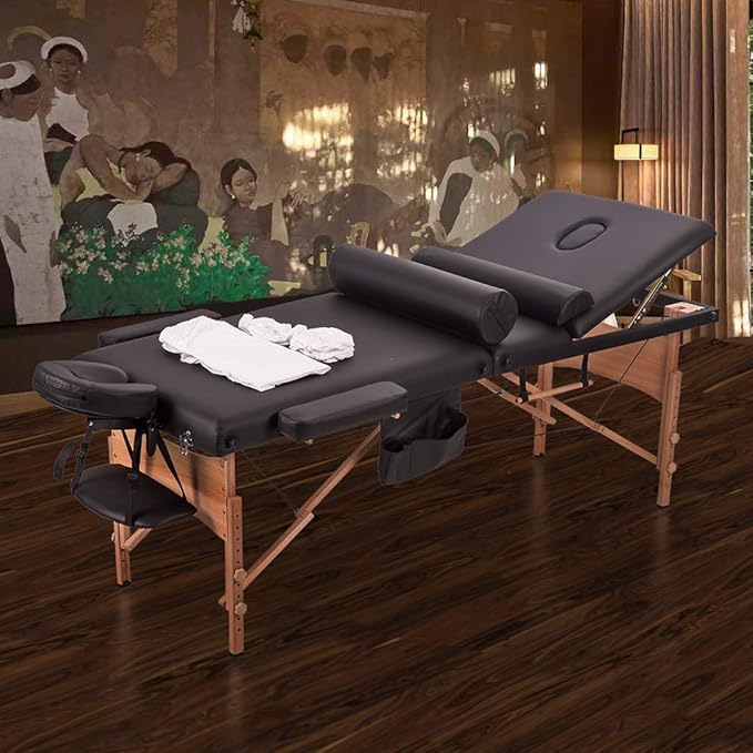 BestMassage Massage Bed Portable Massage Table 28 inch Wide Lash Bed Height Adjustable 3 Folding Spa Table with Towel Hanger Oil Pouch Half Bolster Round Bolster Non-Woven Backpack