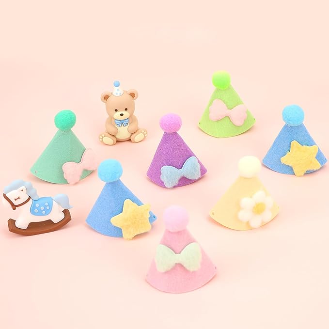 12pcs Mini Party Hats for Stuffed Animals, Macaroon Hats with Pom Pons for Dolls Dog Cat Rabbit Puppies Assorted Animal Birthday Decorations