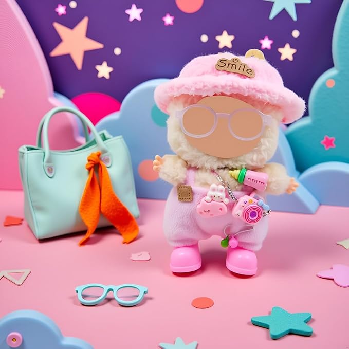 Doll Clothes Outfit and Accessories Suitable for 17cm Dolls, 5 Piece Set Romper Hat Camera Backpack Glasses Shoes (No Doll) Pink