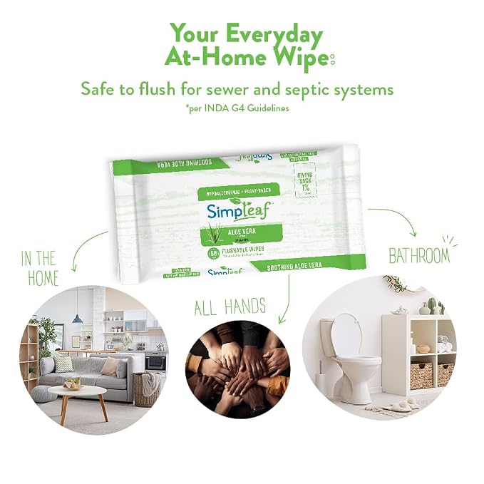 Simpleaf Flushable Wet Wipes | Eco- Friendly, Paraben & Alcohol Free | Hypoallergenic & Safe for Sensitive Skin | Soothing Aloe Vera & Vitamin E Formula | (50-Count) 1 Pack