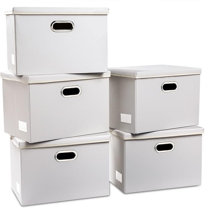 Large Stackable Storage Bins with Lids [5-Pack] Leather Fabric Foldable Storage Boxes Organizer Containers Baskets Cube with Cover for Bedroom Closet Office Nursery White (17.7x11.8x11.8)