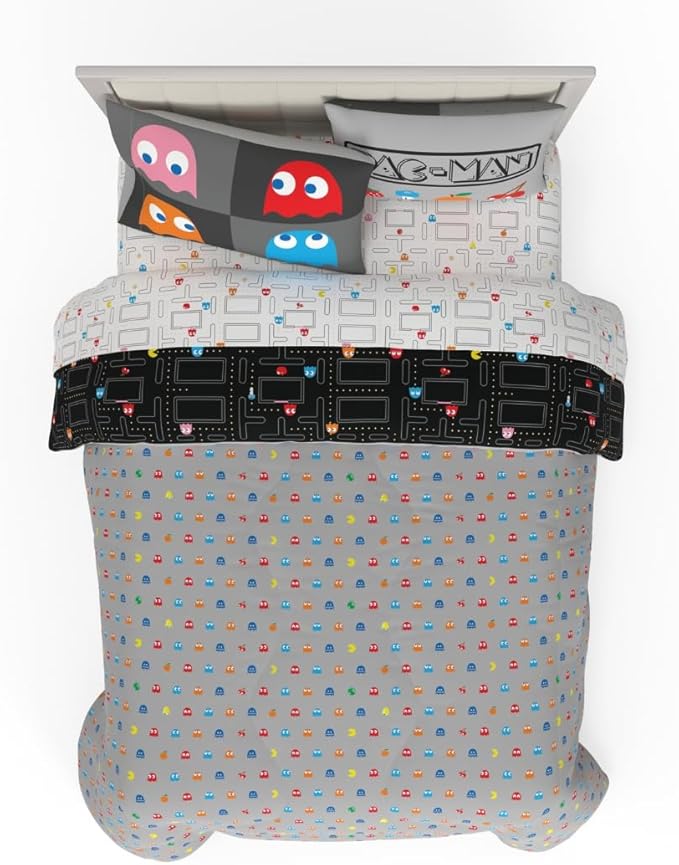 Pac-Man Gaming Bedding 7 Piece Super Soft Cozy Reversible Comforter and Sheet Set with Sham, Full, (Officially Licensed Product) by Franco
