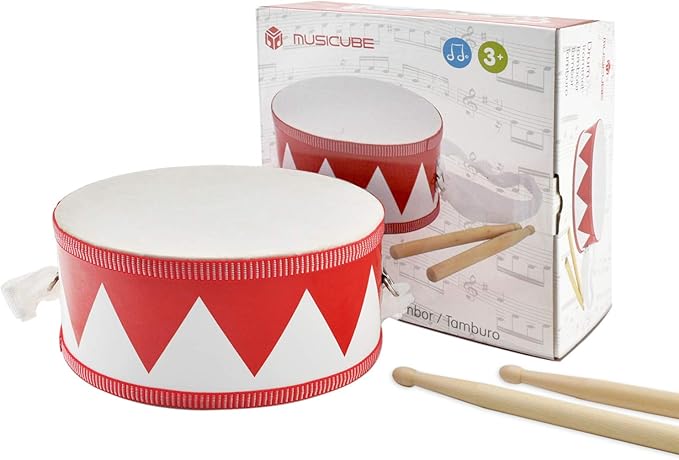 MUSICUBE Kids Drum Set 8-Inch Wooden Drum Toys with an Adjustable Strap and 2 Drumsticks Educational Baby Musical Toys Drum Sensory Musical Instrument Toys for Toddler Boys & Girls Gift Packing