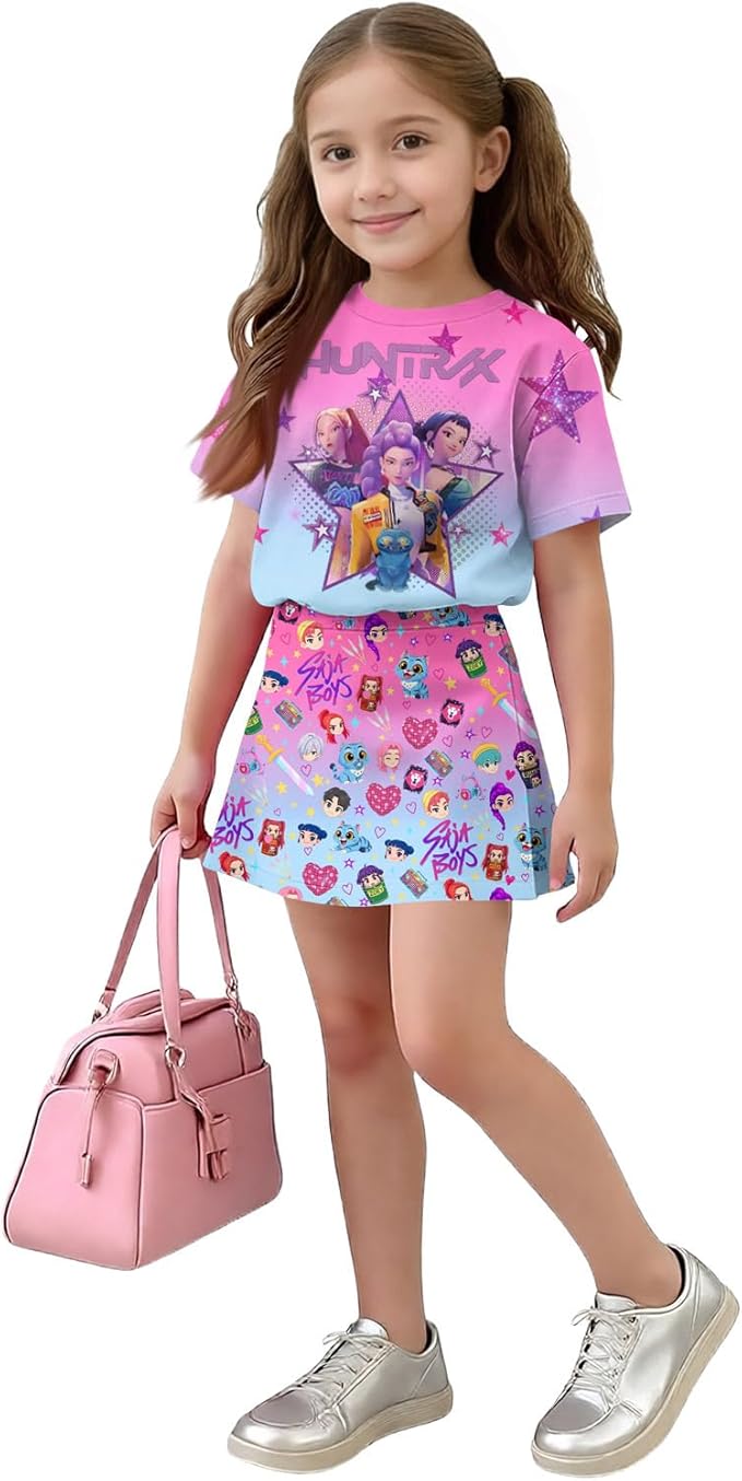 HTHLVMD K Pop Short Sleeve T-Shirt and Skirts Outfits Set for Girls Hunters Rumi Mira Zoey Graphic Tees De-Mon Costume