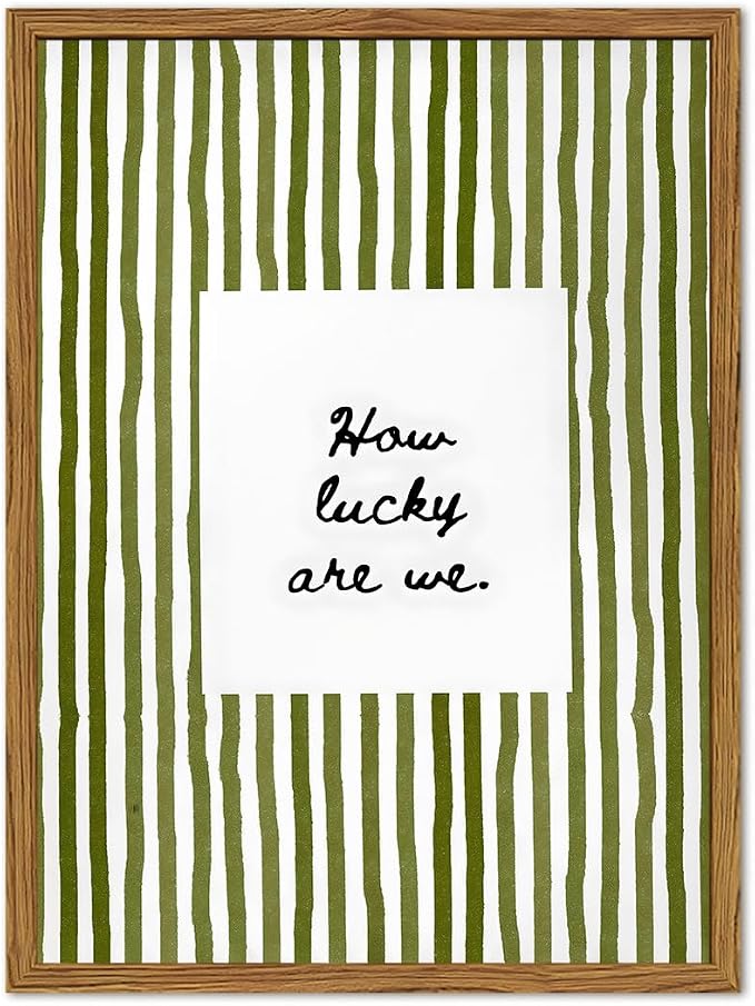 Framed How Lucky Are We Wall Art, Green Striped Pictures Wall Decor, Trendy Inspirational Quote Paintings Canvas Prints Preppy Home Decor for Living Room Bedroom Office Dorm 16x24 inch