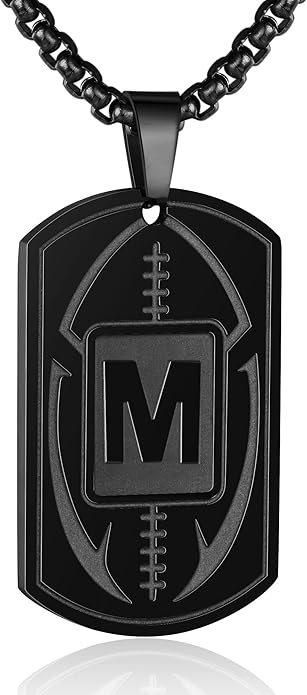 Initial A-Z Dog Tag Necklace for Men - Football Charm Pendant, Stainless Steel Chain 22+2 Inches, Personalized Sports Athletes Jewelry Gift
