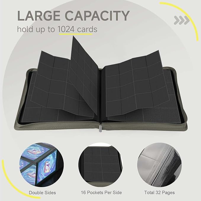 Card Binder with 1024 Cards,16 Pocket Trading Card Binder Includes 32 Page Storage Sleeves,Collection Card Album,Card Holder to Organize and Protect Cards,Grey