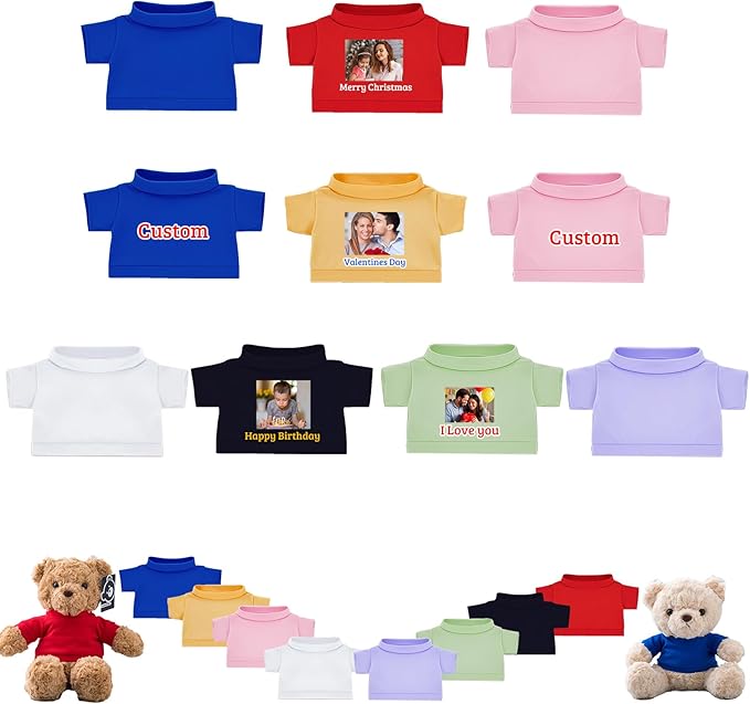 10 Pcs Custom Teddy Bear Clothes with Photo Text, Personalized Stuffed Animal Clothing Fit 8-16inch Stuffed Bear Clothing, Personalized Doll Clothes Make Your Own Plush Doll Shirt