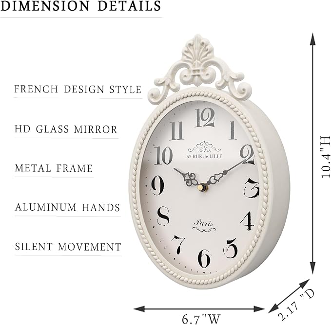 Abdurey Small French Retro Decor Wall Clock, Ivory White Vintage Oval Style | Silent Battery Operated Boho Decorative Wall Clocks for Farmhouse,Kitchen,Bedroom,Bathroom(10.4"H x 6.7"W)