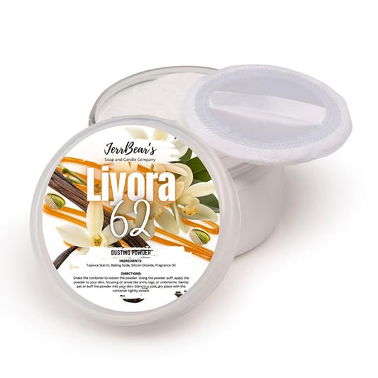 Liyora 62 Dusting Powder for Women, 4oz Jar | Talc Free Body Formula, Soft Scented Skin Care, Gentle Powder for Daily Freshness, Includes Puff Application