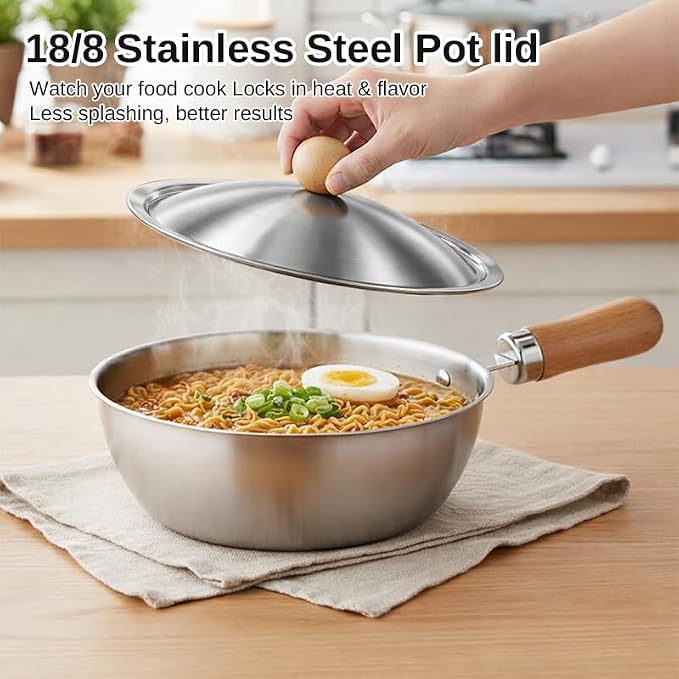 Korean Ramen Pot Set, 18/8 Stainless Steel Ramen Cooking Pot with Stainless Steel Lid, Coating-Free One-Person Dining Set, Wooden Handle Bowl, Fork Spoon Chopsticks&Sauce Dish, Safe for Gas Stove
