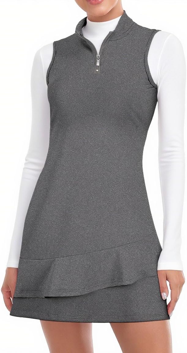 Viracy Tennis Dress for Women Sleeveless Golf Dresses with Shorts and Pockets Ruffle Zip Up Stand Collar Golf Outfits