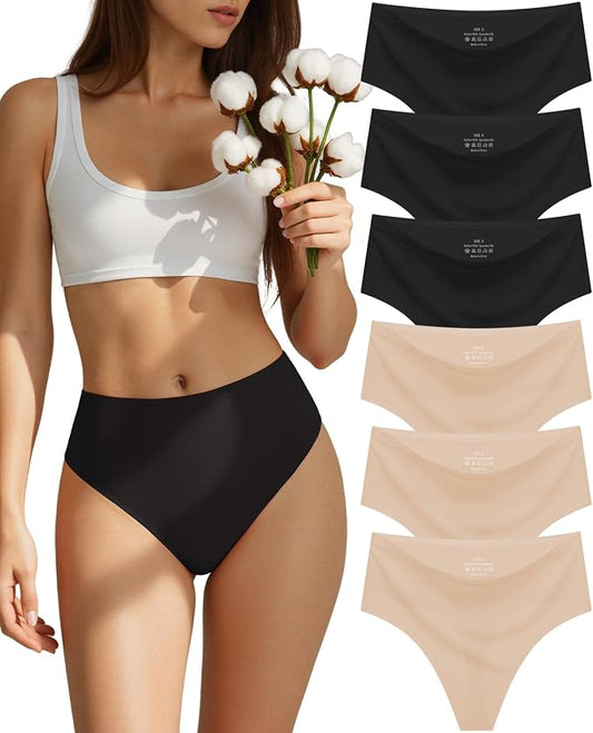 sosusu Seamless Underwear for Women Cotton Thongs High Waisted Soft Breathable No Show Panties Invisible Stretch 6 Pack