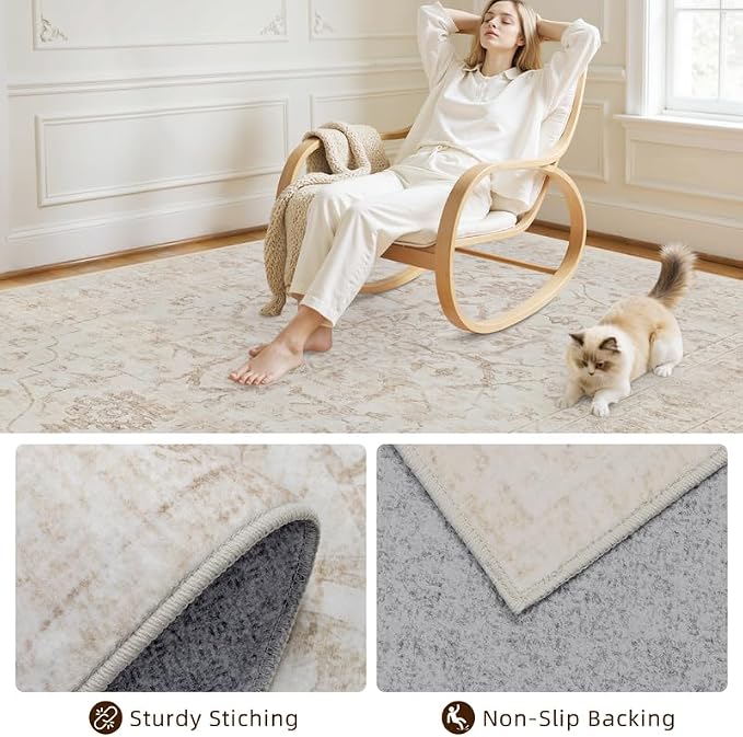 10x12 Area Rug for Living Room: Vintage Boho Neutral Washable Rug Indoor Soft Large Area Rug Carpet for Bedroom Nursery Farmhouse Dining Room Office Floor Non-Slip Low Pile Under Table Rug Warm Beige