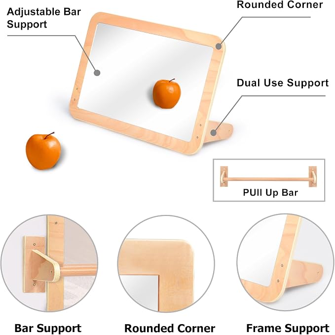 Montessori Baby 2-in-1 Shatterproof Safety Mirror with Pull-Up Bar - Infant Wall Mount & Floor Play for Tummy Time (6-18 Months)