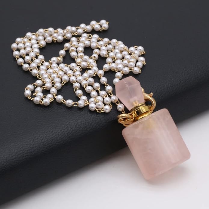 1pcs Natural Rose Quartz Stone Perfume Bottle Pendant Pearl Bead Chain Rectangle Heart Necklace for Women Jewelry Free Accessory Glasses