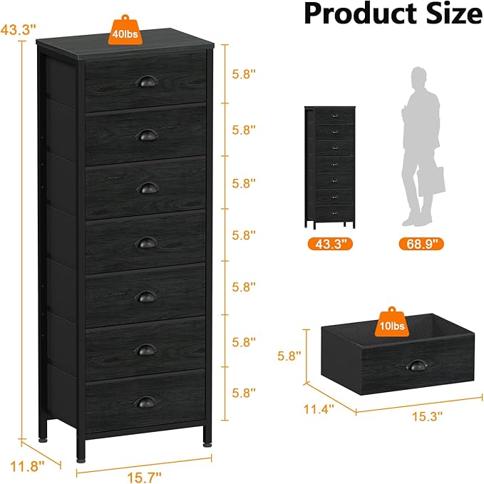 Black Bedroom Dresser, Tall Chests of Drawers with 7 Fabric Bins | Sturdy Steel Frame, Wooden Top, Organizer in Closet, Tall Nightstand for Dorm, Living Room, Hallyway-Storage Tower Unit