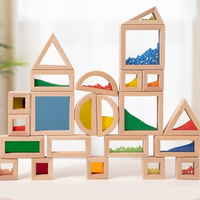 Rainbow Sensory Toys Blocks,15 Pcs Large Wooden Building Blocks for Toddlers Baby Kids,Colorful Geometric Stacking Toys, Preschool Educational Toy Set