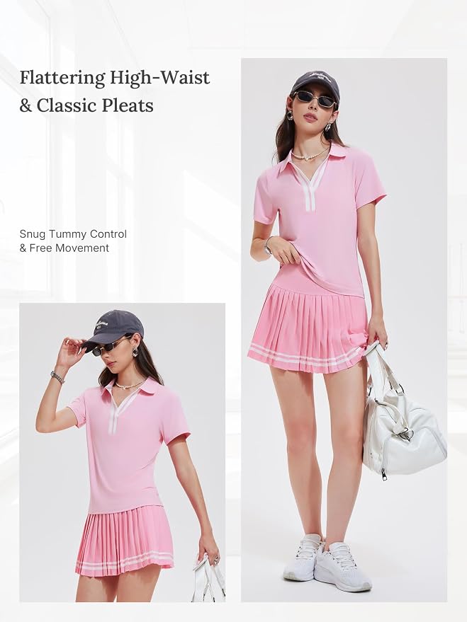 Women 2 Piece Tennis Skirt Set Pleated Golf Outfit, Polo V-Neck Athletic Dress Alternative Skort Set for Pickleball Pockets