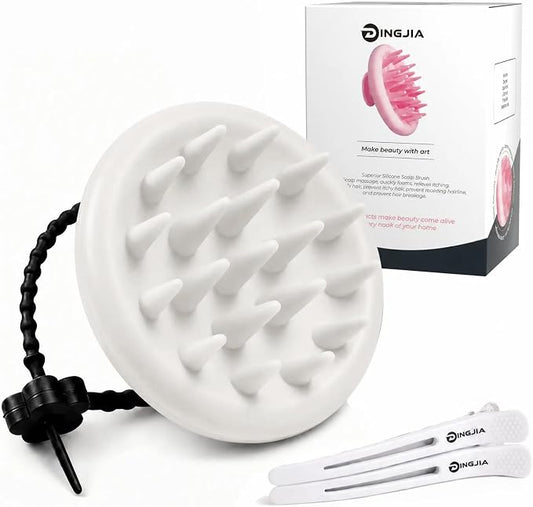 100% Silicone Scalp Massager,Scalp Scrubber for Hair Growth,White | 1 PCS Gift Box,2 Seamless Hair Clips Included,Soft-touch Grip,Quick lathering,Anti-Dandruff, Wet & Dry Use for All Hair Types