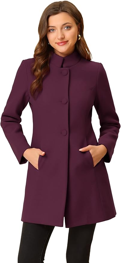Allegra K Women's Winter Overcoat Mid-Long Stand Collar Single Breasted Coat Outerwear