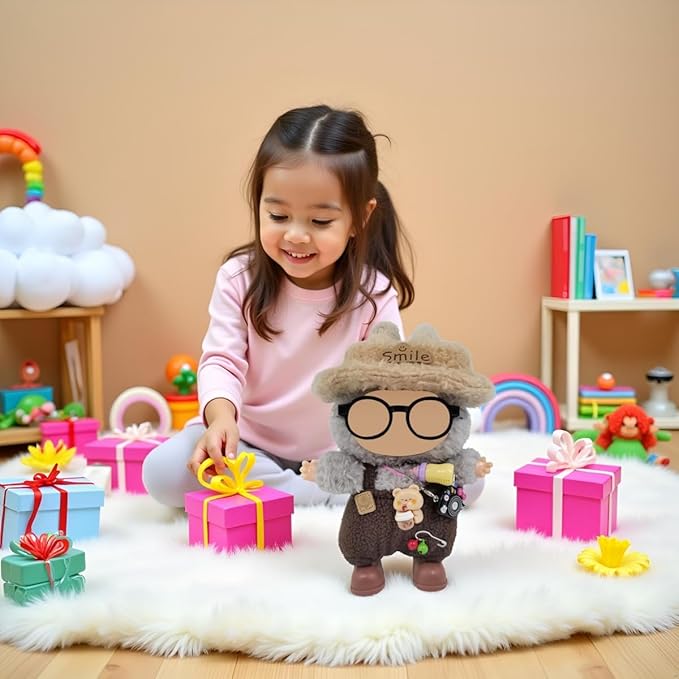 Doll Clothes Outfit and Accessories Suitable for 17cm Dolls, 5 Piece Set Romper Hat Camera Backpack Glasses Shoes (No Doll) Brown