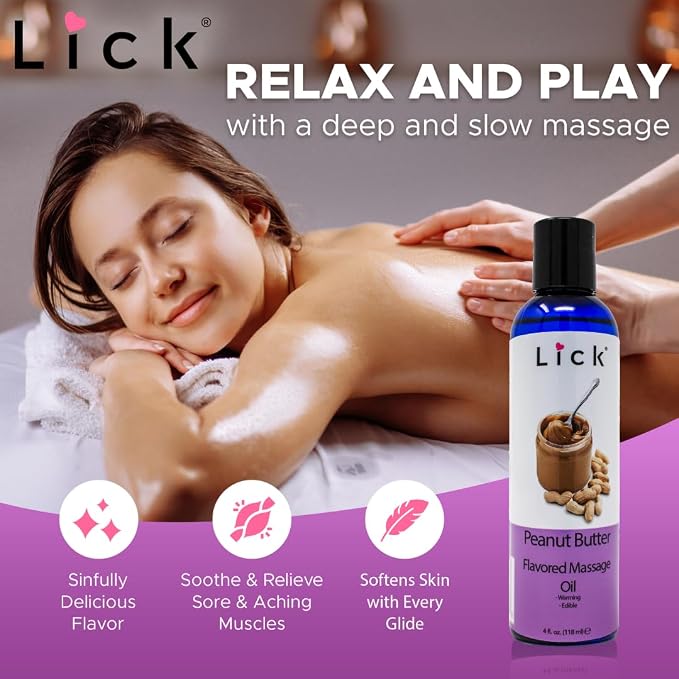 Lick Peanut Butter Flavored Massage Oil – Creamy Dessert-Inspired Edible Massage Oil with Vitamin E, Rich Smooth Texture for Fun Couples Massage Experiences, 4 oz