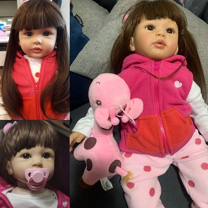 Pinky 24 inch 61cm Lovely Reborn Baby Girl Doll Reborn Toddler Realistic Looking Lifelike Baby Doll Vinyl Soft Silicone Babies Black Hair Doll Toy