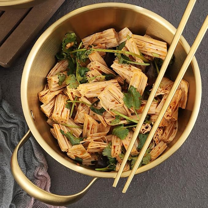 DECHOUS 1Pc Stainless Steel Instant Noodles Bowl 10 Inch Golden Korean Style Noodle Pot with Handle for Cooking Gas Induction Electric Stoves, Ideal for Soups and Ramen