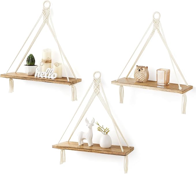 Mkono Macrame Hanging Shelves Boho Wall Decor Set of 3 Floating Wood Shelf | Cute Room Decor for Teen Girls Display Storage Shelves for Hanging Plant Photos Fit Bedroom Bathroom Living Room Nursery Dorm
