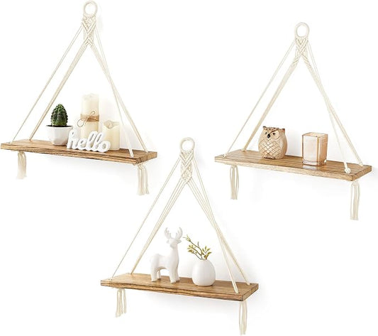 Mkono Macrame Hanging Shelves Boho Wall Decor Set of 3 Floating Wood Shelf | Cute Room Decor for Teen Girls Display Storage Shelves for Hanging Plant Photos Fit Bedroom Bathroom Living Room Nursery Dorm