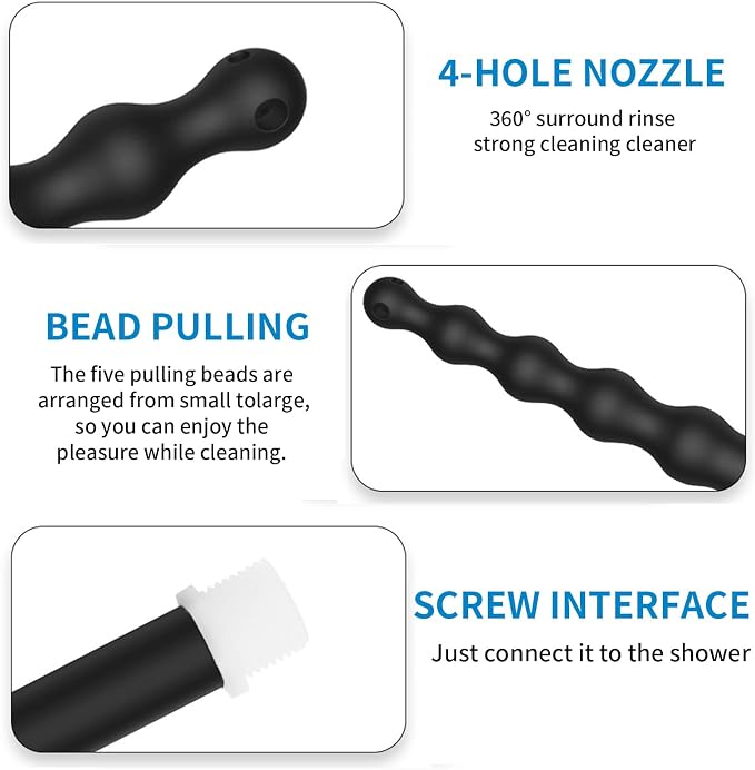 Shower Enema Douche Nozzles , 4 Holes Water Spray Comfortable Silicone Nozzles Enema , Reusable Shower Enema Hose, Black