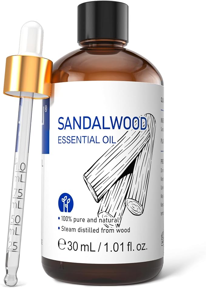 HIQILI Sandalwood Essential Oils 1 Fl Oz, for Skin, Diffuser, Perfume, Candle Soap Making, Includes Premium Quality Glass Dropper | Versatile for Perfume, Hair Care & Room, Soothes Mind, Moisturizes, Deodorizes Laundry - 30mL / 1.01 fl.oz