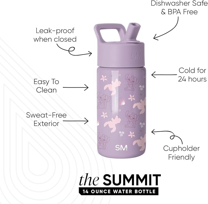 Simple Modern Kids Summit Water Bottle with Straw Lid | Disney Stitch 14oz Stainless Steel Cup Insulated Tumbler for Toddlers, Girls, Boys, School | Stitch Experiment 624