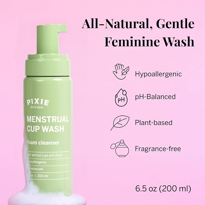 Pixie Menstrual Cup Wash 3-Pack - Foaming Cleaner with Natural Ingredients - More Foam Wash in Bottle Than Any Other Brand - pH Balanced & Plant Based - for Menstrual Cups and Discs, 200mL Each