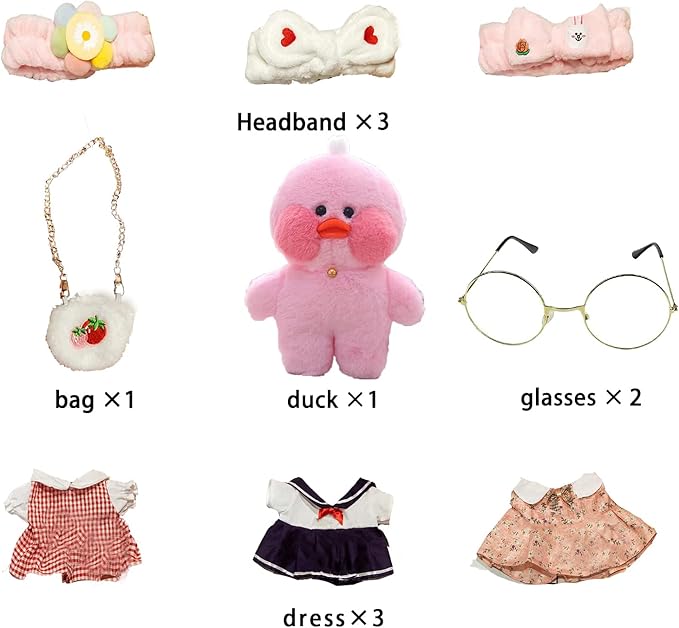 Duck Stuffed Animal Toy with 9 Outfits and Accessories to Match DIY Dress Up Clothes for Duck Plush Toy for Kids（12inch） (Pink Duck)