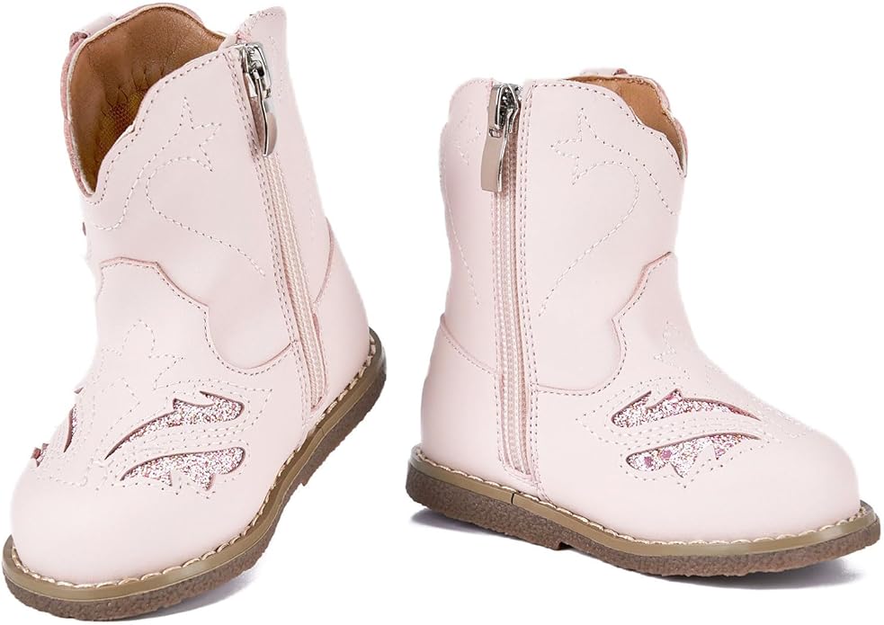 Newsonet Baby Cowboy Cowgirl Boots Infant Western Boots Toddler Boys Girls Round Toe Riding Mid Calf Boots All Seasons for 6 9 12 18 24 Months