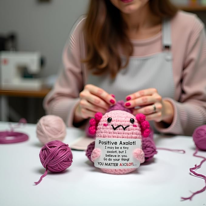 Positive Mini Axolotl Charm Buddie - Emotional Support Crochet Dolls Positive Crochet Animals Gifts Emotional Support Plush Stuffed Animal for Anxiety & Stress Relief