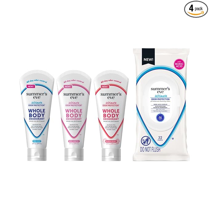 Summer’s Eve Ultimate Odor Protection Whole Body Deodorant Cream & Cleansing Wipes, Fresh Scent, Simply Sensitive & Blissful Escape, Aluminum Free, 3 Ounce Each, 32 Count Wipes (Variety Pack of 4)